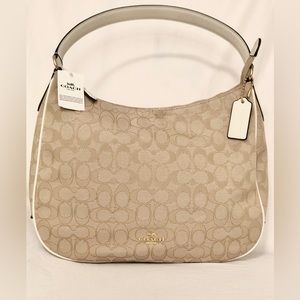 Coach F29959 Signature Hobo Shoulder Handbag Khaki Chalk Leather